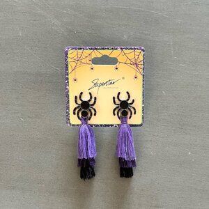 Black Spider Enamel & Purple Thread Tassel Lightweight Halloween 2.5” Earrings